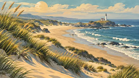 Dune grass and a distant lighthouse – vintage travel illustration without text Frame TV art
