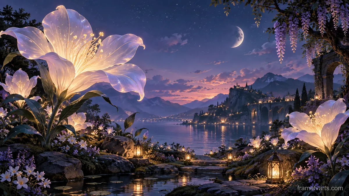 Garden of oversized delicate night flowers – luminous digital painting Samsung Frame TV art, 4K