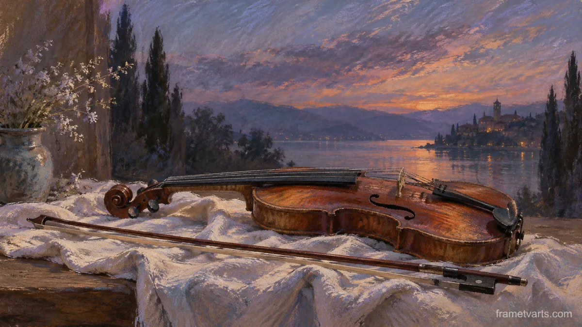 Violin and bow on folded linen – loose pastel drawing Samsung Frame TV art, 4K