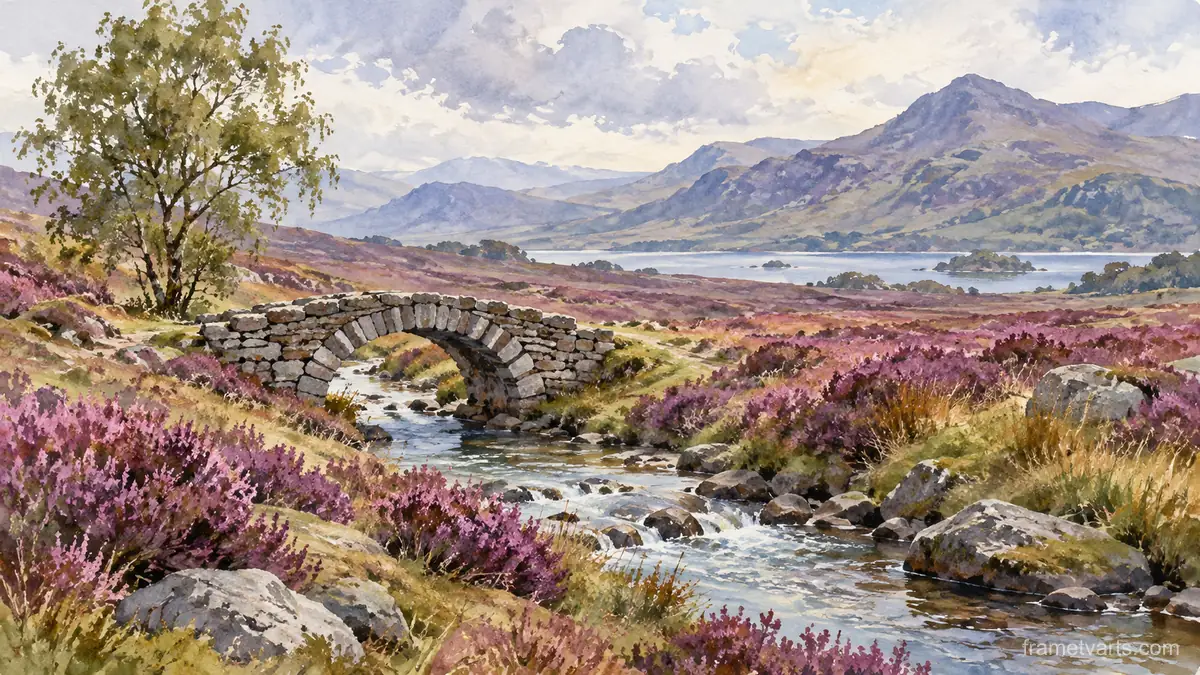 Heather moor and small stone footbridge – loose watercolor Samsung Frame TV art, 4K