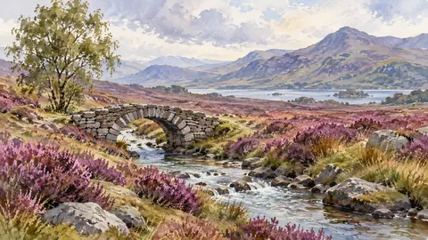 Heather moor and small stone footbridge – loose watercolor Frame TV art