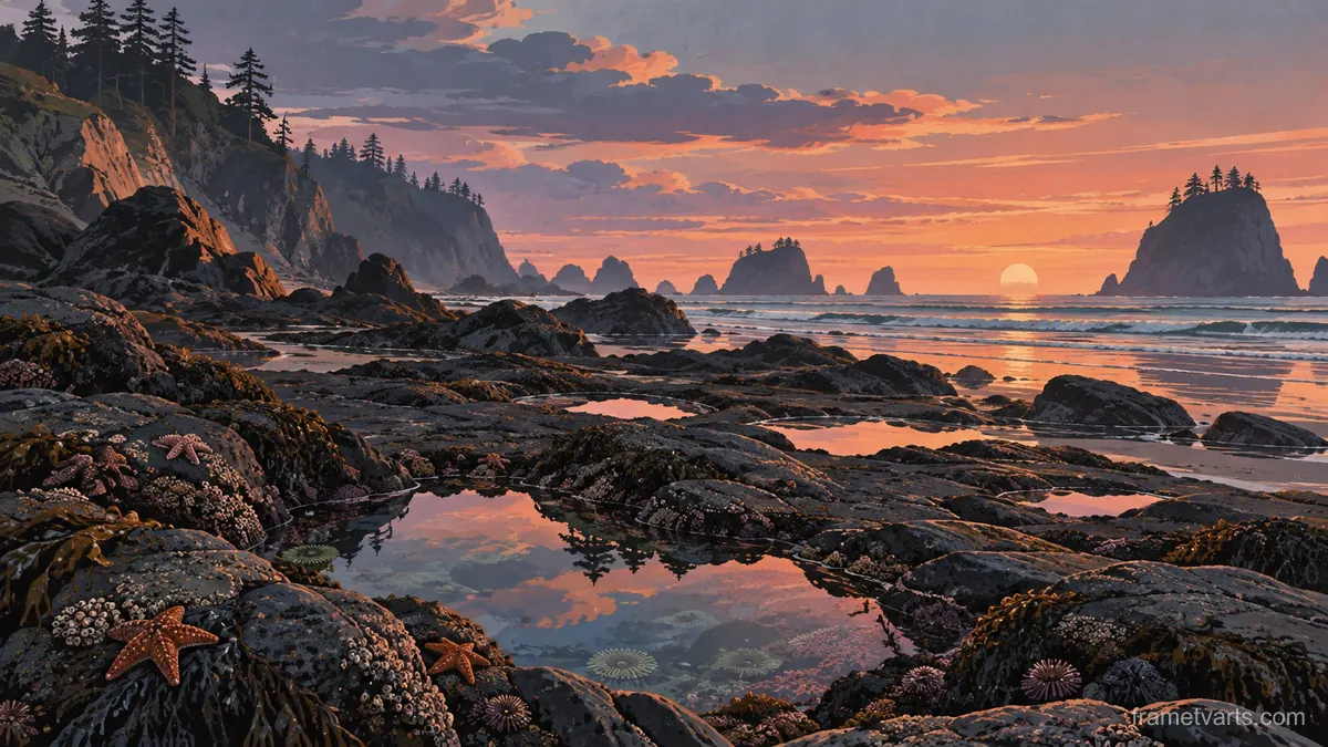 Tide pools scattered across rocky shore – vintage travel illustration without text Samsung Frame TV art, 4K