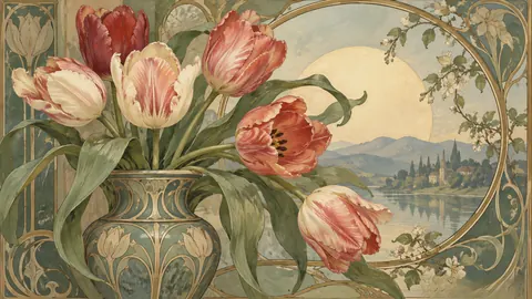 Tulips in an asymmetrical spring arrangement – decorative art nouveau painting Frame TV art