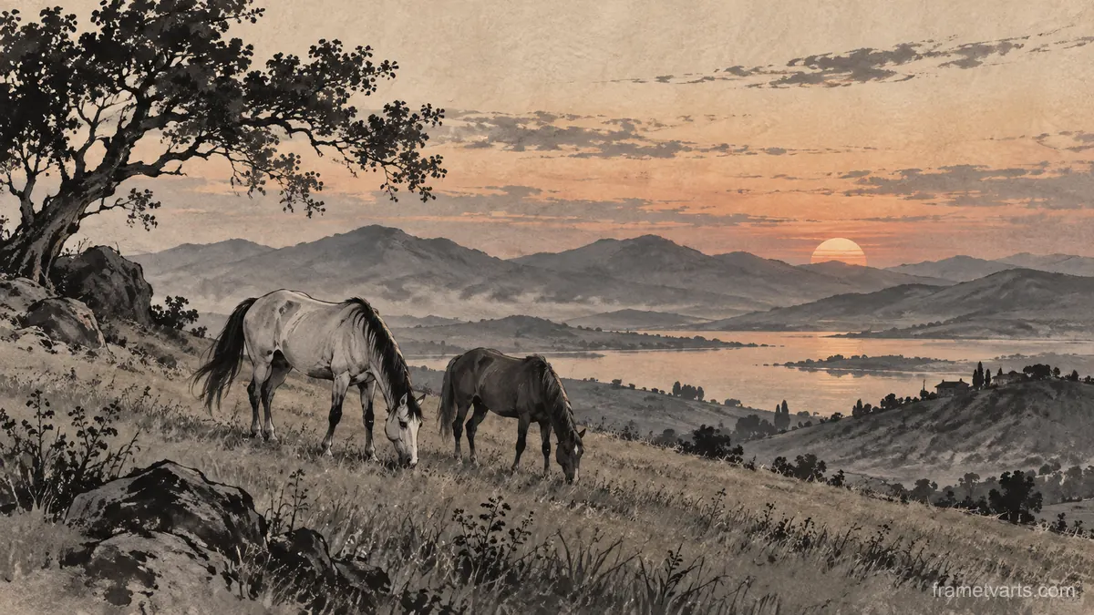Two horses grazing on rolling pasture – restrained ink illustration Samsung Frame TV art, 4K