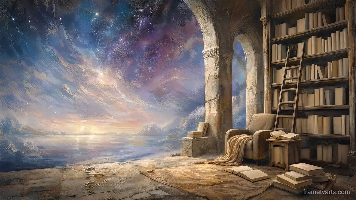 Dreamlike library opening onto a galaxy – luminous digital painting Samsung Frame TV art, 4K