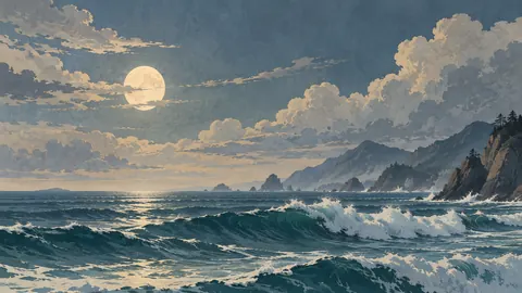 Ocean swell beneath a pale moon – vintage travel illustration without text Frame TV art