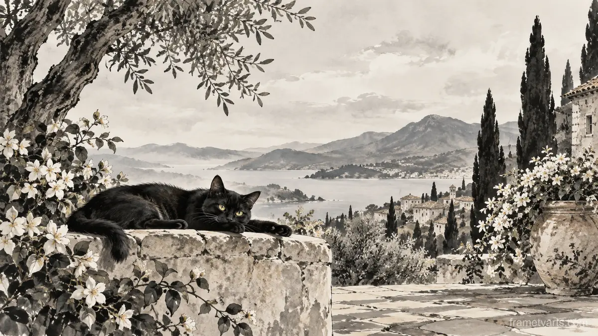 Black cat resting in a sunlit garden – restrained ink illustration Samsung Frame TV art, 4K