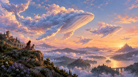 Cloud-shaped whales crossing a twilight sky – luminous digital painting Frame TV art
