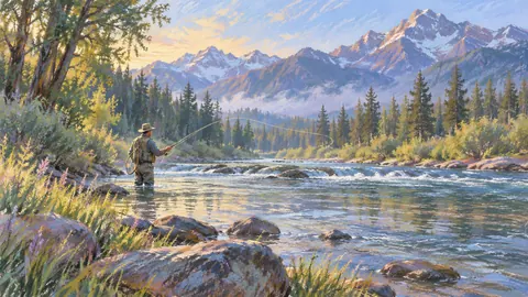 Fly fishing on a tranquil river – loose pastel drawing Frame TV art