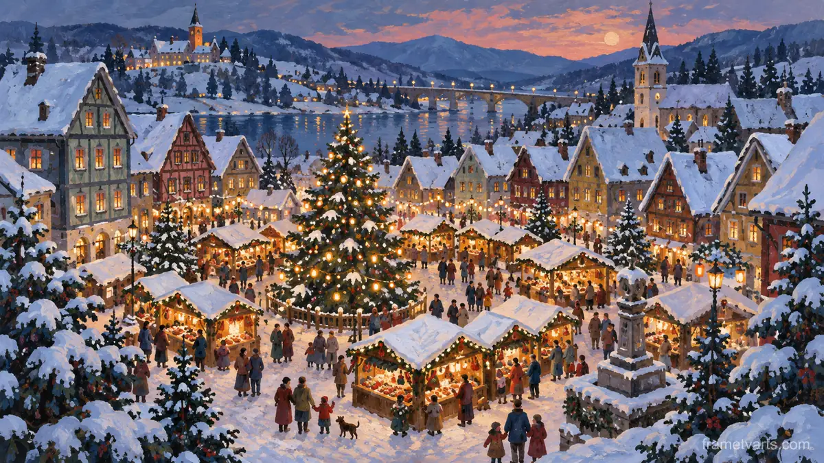 Snowy Christmas market without signs – decorative folk gouache Samsung Frame TV art, 4K