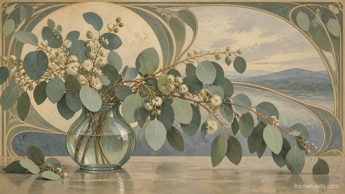 Eucalyptus sprays in a simple glass vessel – decorative art nouveau painting Samsung Frame TV art, 4K