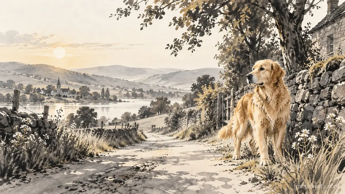Golden dog beside a quiet country lane – restrained ink illustration Samsung Frame TV art, 4K