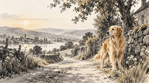 Golden dog beside a quiet country lane – restrained ink illustration Frame TV art