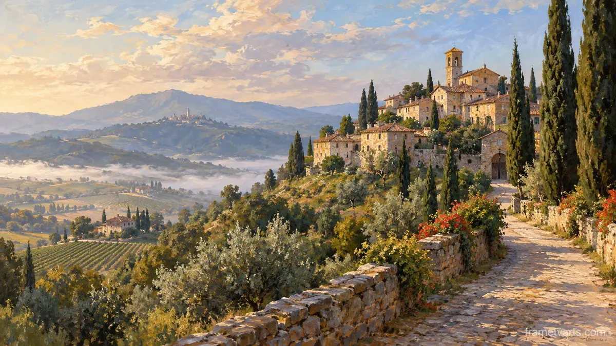 Tuscan-inspired hill village and cypress avenue – atmospheric oil painting Samsung Frame TV art, 4K