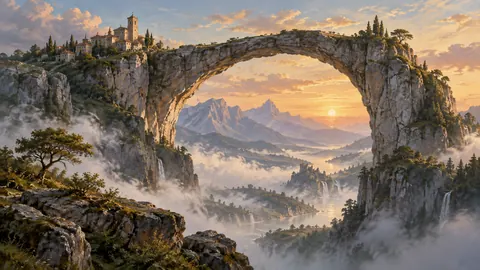 Stone arch suspended over a misty valley – luminous digital painting Frame TV art