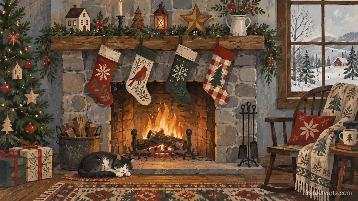 Christmas stockings above a stone hearth – decorative folk gouache Samsung Frame TV art, 4K