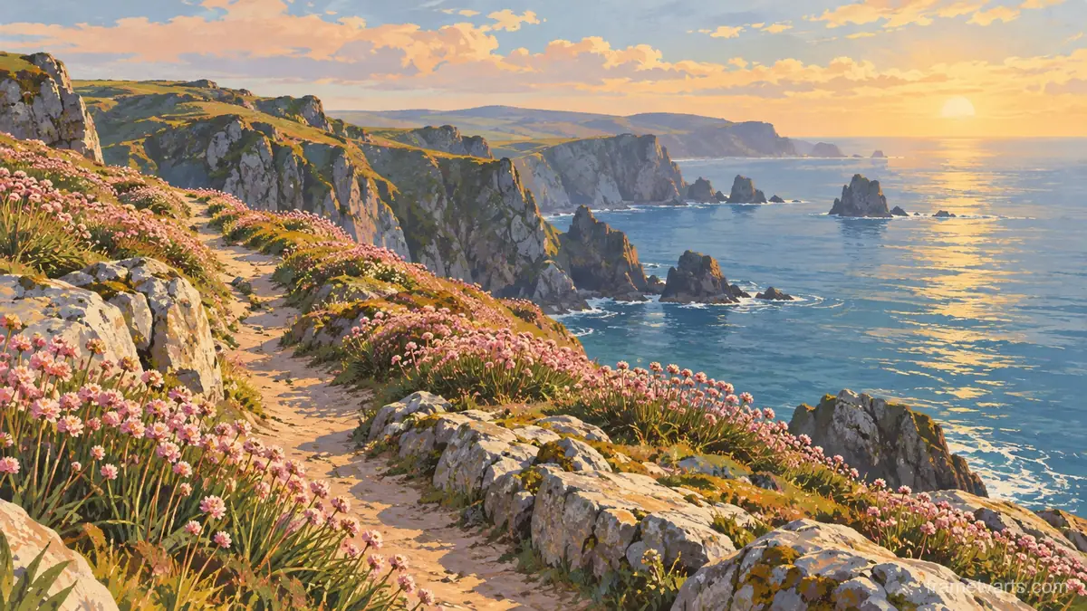 Clifftop path through pink thrift flowers – vintage travel illustration without text Samsung Frame TV art, 4K