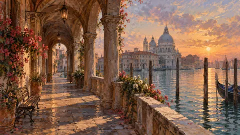 Venetian-inspired arcade beside still water – atmospheric oil painting Frame TV art