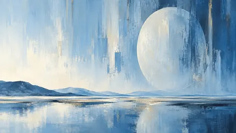 Large quiet oval offset against vertical strokes – cool blue lyrical abstraction Frame TV art