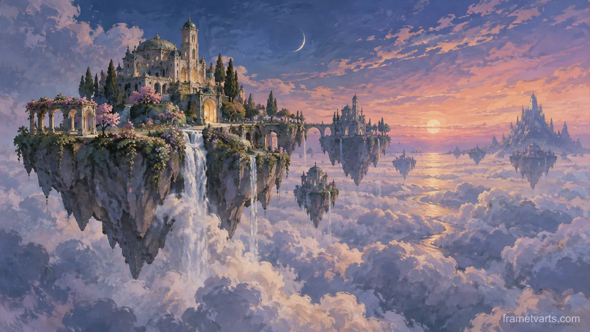 Floating garden islands over a cloud sea – restrained celestial gouache Samsung Frame TV art, 4K