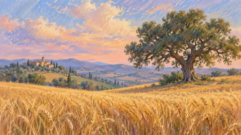 Golden wheat field and lone oak – soft pastel drawing Frame TV art