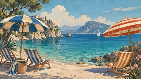 Empty striped beach umbrellas beside turquoise water – vintage travel illustration without text Frame TV art