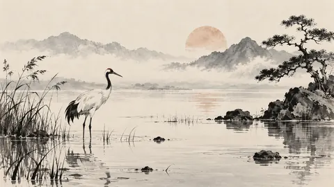 Crane standing in shallow water – restrained ink illustration Frame TV art
