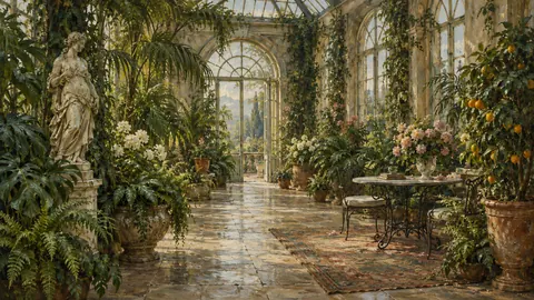 Old conservatory filled with green plants – atmospheric oil painting Frame TV art