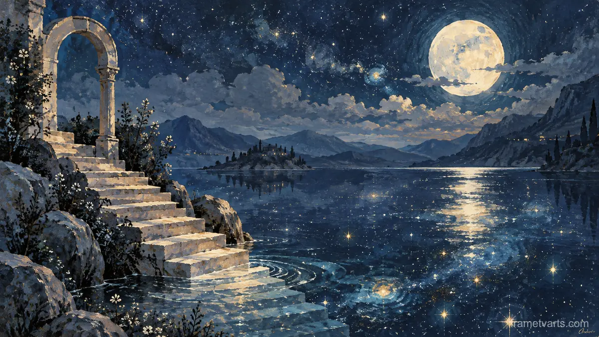 Moonlit staircase leading into a starry lake – restrained celestial gouache Samsung Frame TV art, 4K