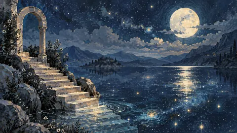 Moonlit staircase leading into a starry lake – restrained celestial gouache Frame TV art
