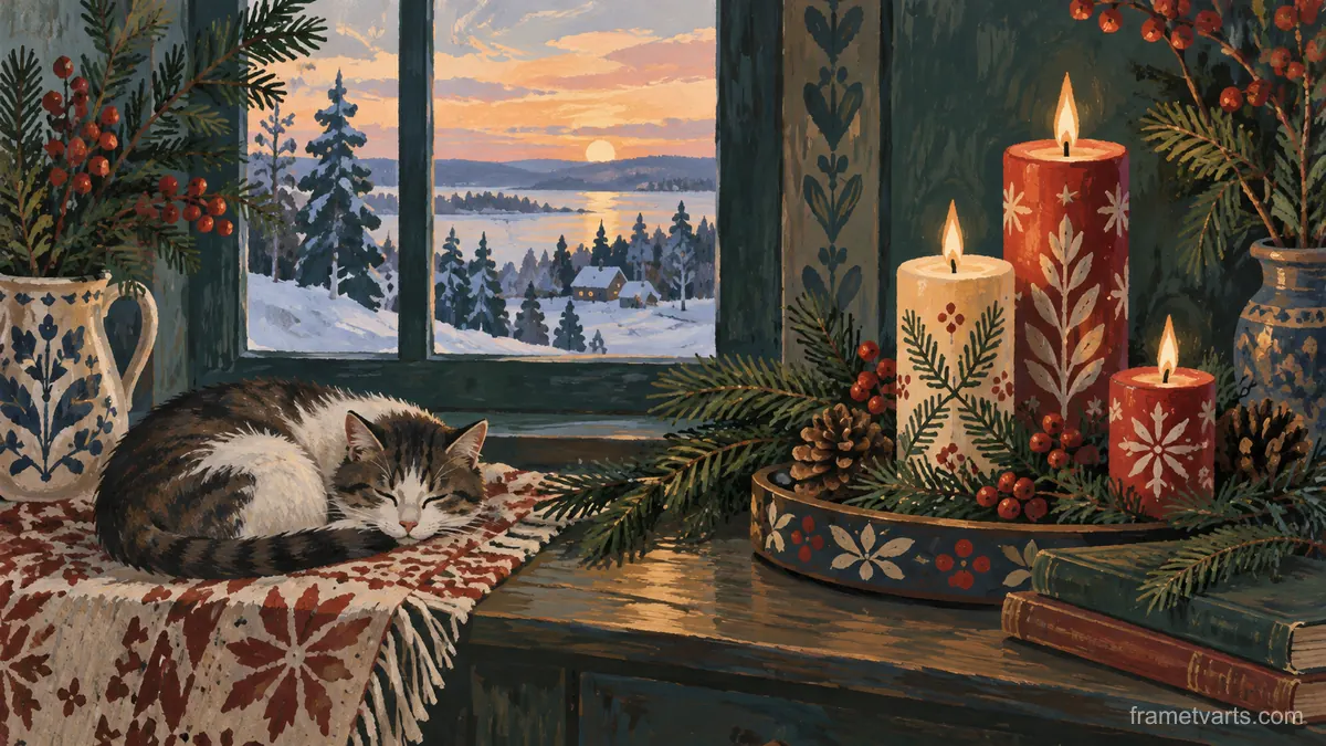 Winter solstice candles and evergreen boughs – decorative folk gouache Samsung Frame TV art, 4K
