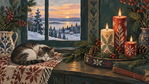 Winter solstice candles and evergreen boughs – decorative folk gouache Frame TV art