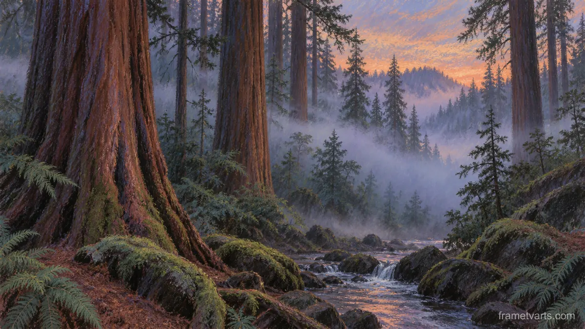 Fog rolling through redwood forest – soft pastel drawing Samsung Frame TV art, 4K