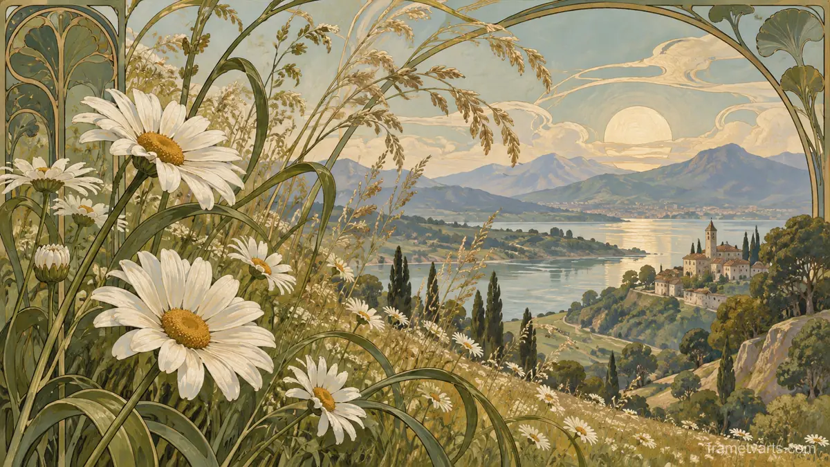 Meadow daisies and airy grasses – decorative art nouveau painting Samsung Frame TV art, 4K