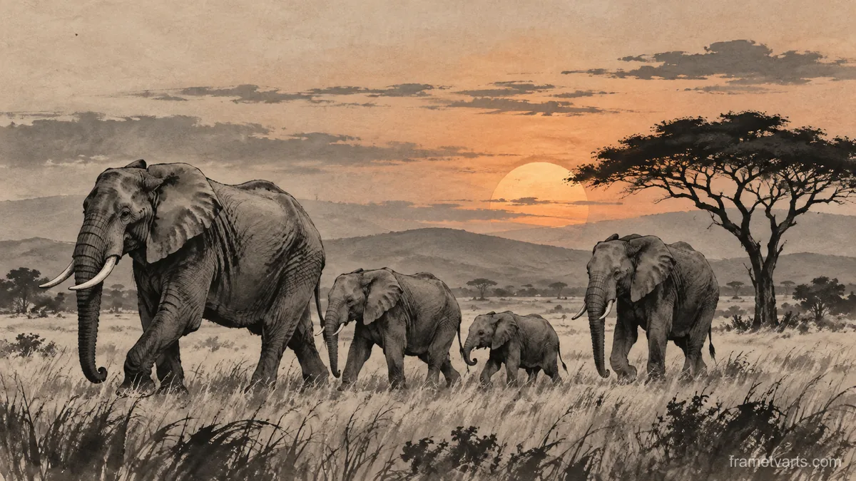 Elephant family crossing open grassland – restrained ink illustration Samsung Frame TV art, 4K