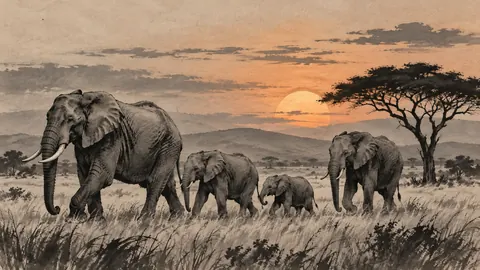 Elephant family crossing open grassland – restrained ink illustration Frame TV art