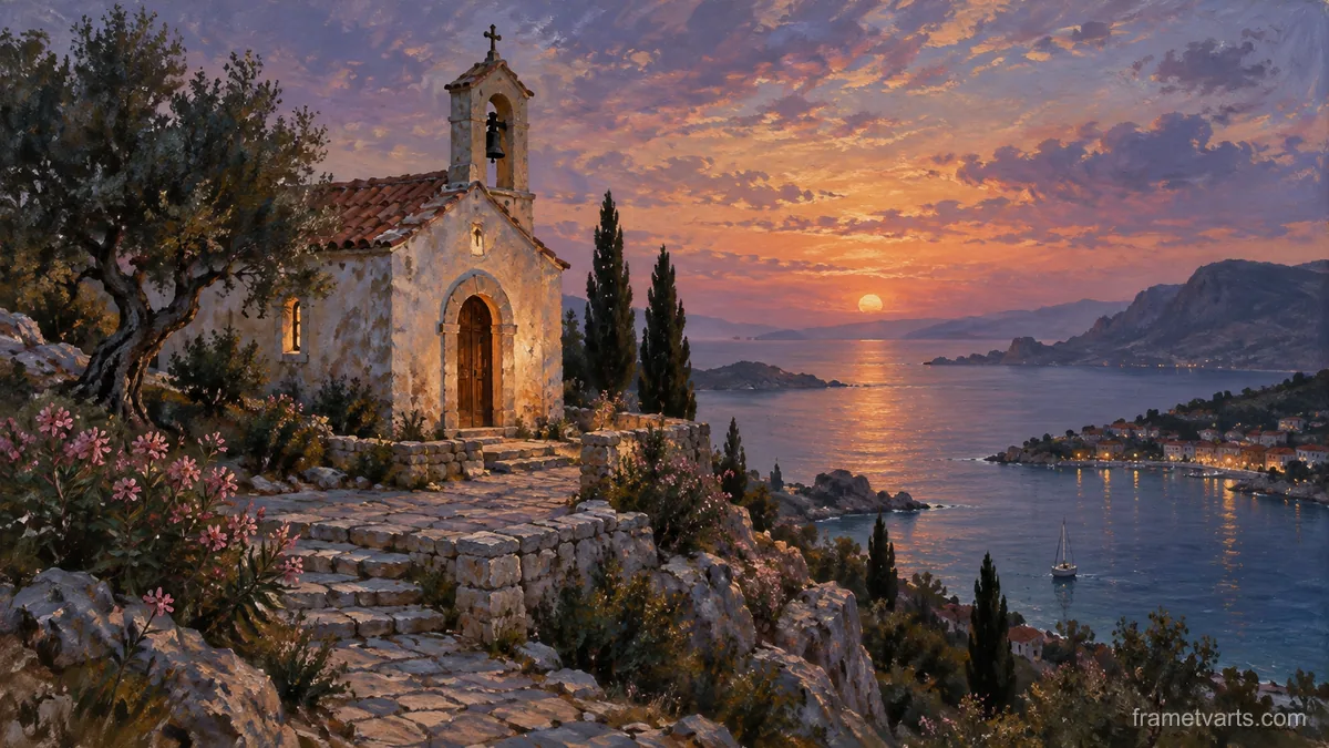 Small coastal chapel above a bay – atmospheric oil painting Samsung Frame TV art, 4K
