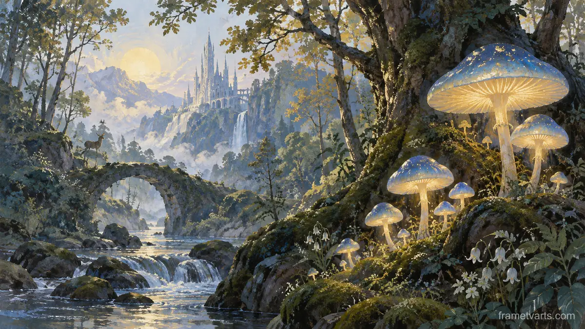 Enchanted forest with luminous mushrooms – restrained celestial gouache Samsung Frame TV art, 4K
