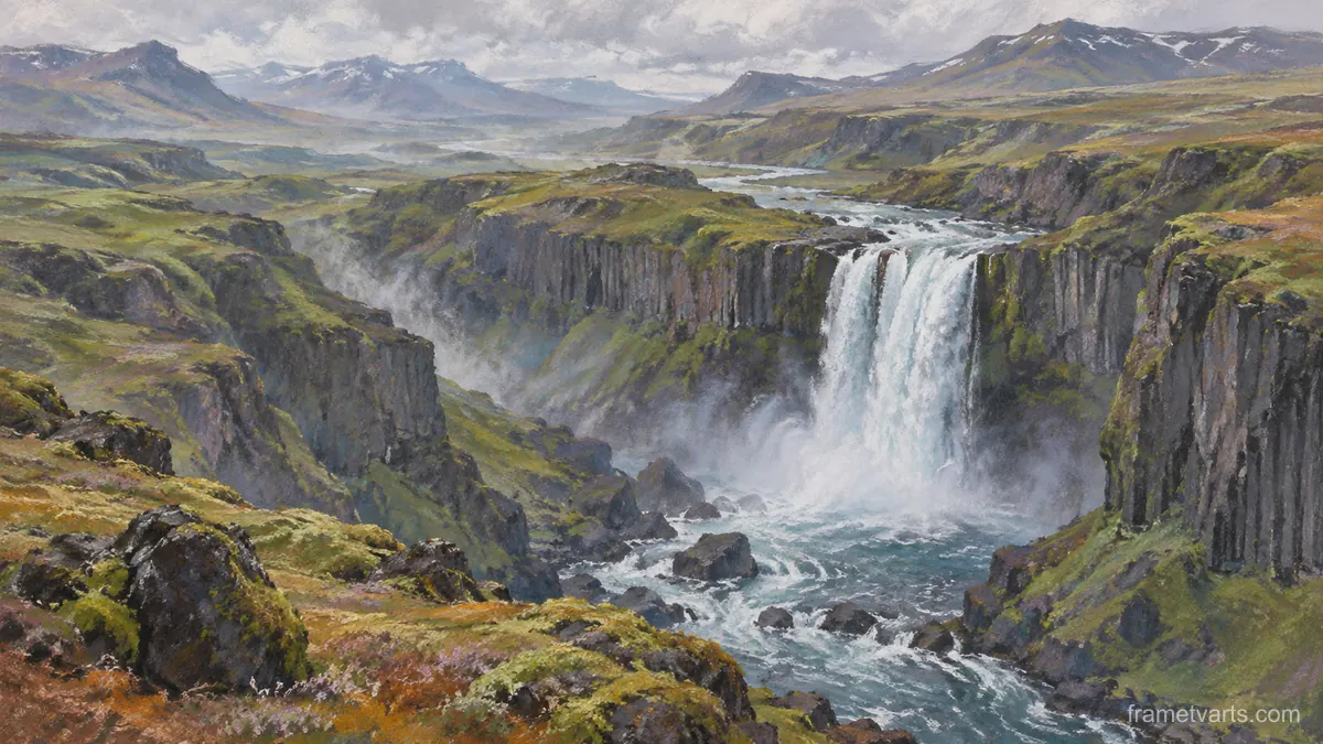 Waterfall between mossy basalt cliffs – soft pastel drawing Samsung Frame TV art, 4K