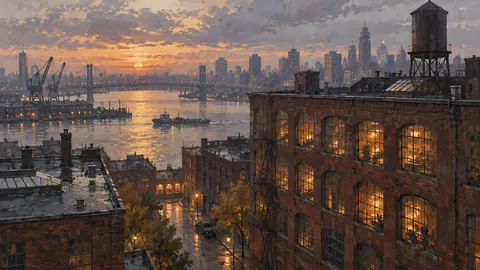 Brick warehouse windows in evening light – atmospheric oil painting Frame TV art