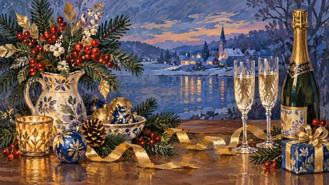 New Year still life of sparkling glass and gold ribbons – decorative folk gouache Frame TV art