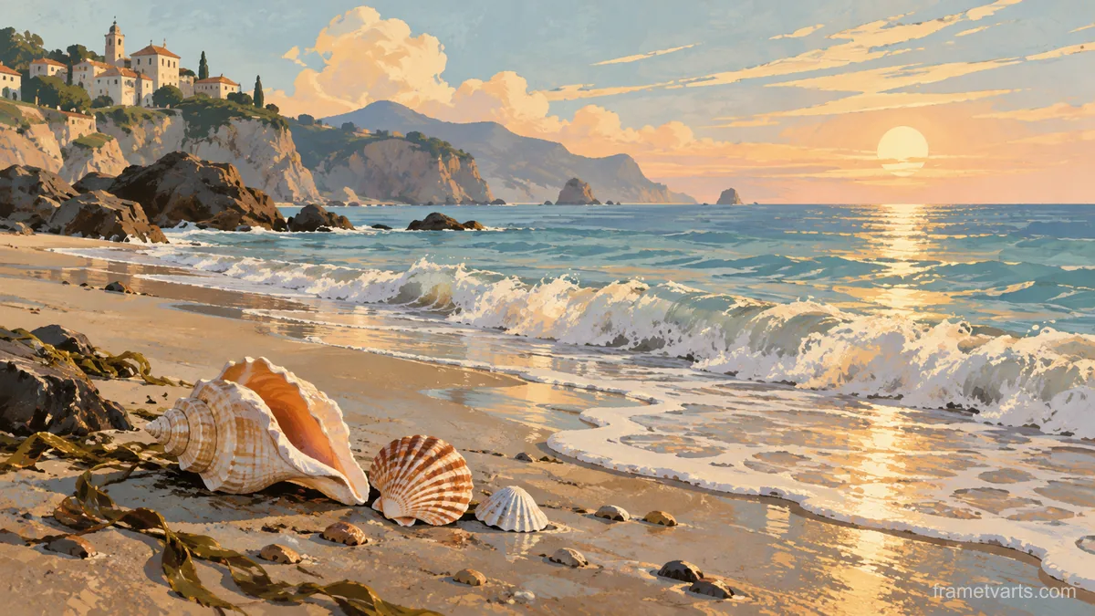 Seashells beside gentle sea foam – vintage travel illustration without text Samsung Frame TV art, 4K