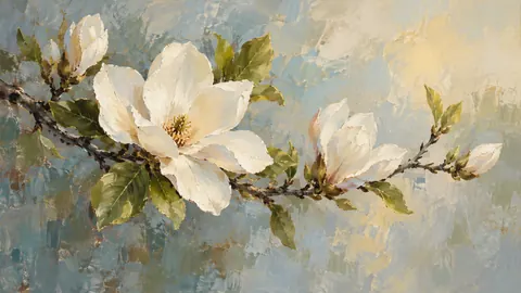 White magnolia branch with unfurling leaves – contemporary loose oil painting Frame TV art