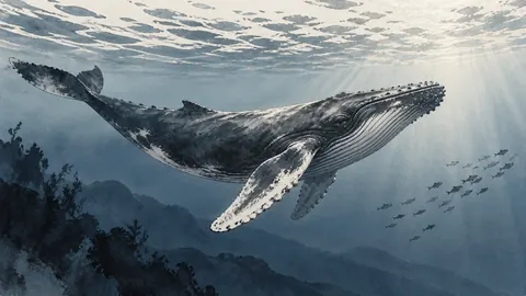 Humpback whale beneath a luminous sea surface – restrained ink illustration Frame TV art