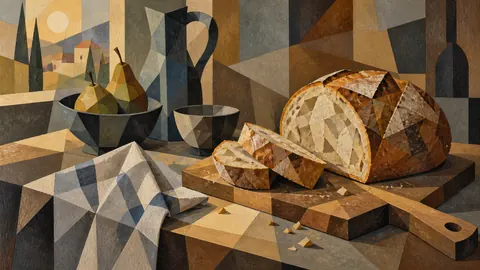 Rustic bread on a wooden cutting board – cubist still life Frame TV art