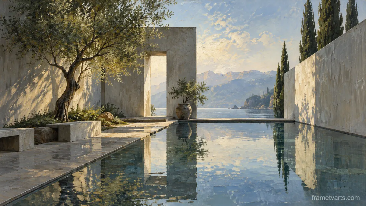 Modern concrete courtyard with reflecting pool – atmospheric oil painting Samsung Frame TV art, 4K