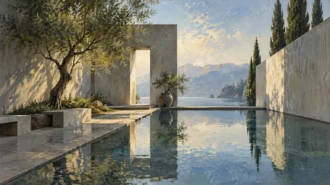 Modern concrete courtyard with reflecting pool – atmospheric oil painting Frame TV art