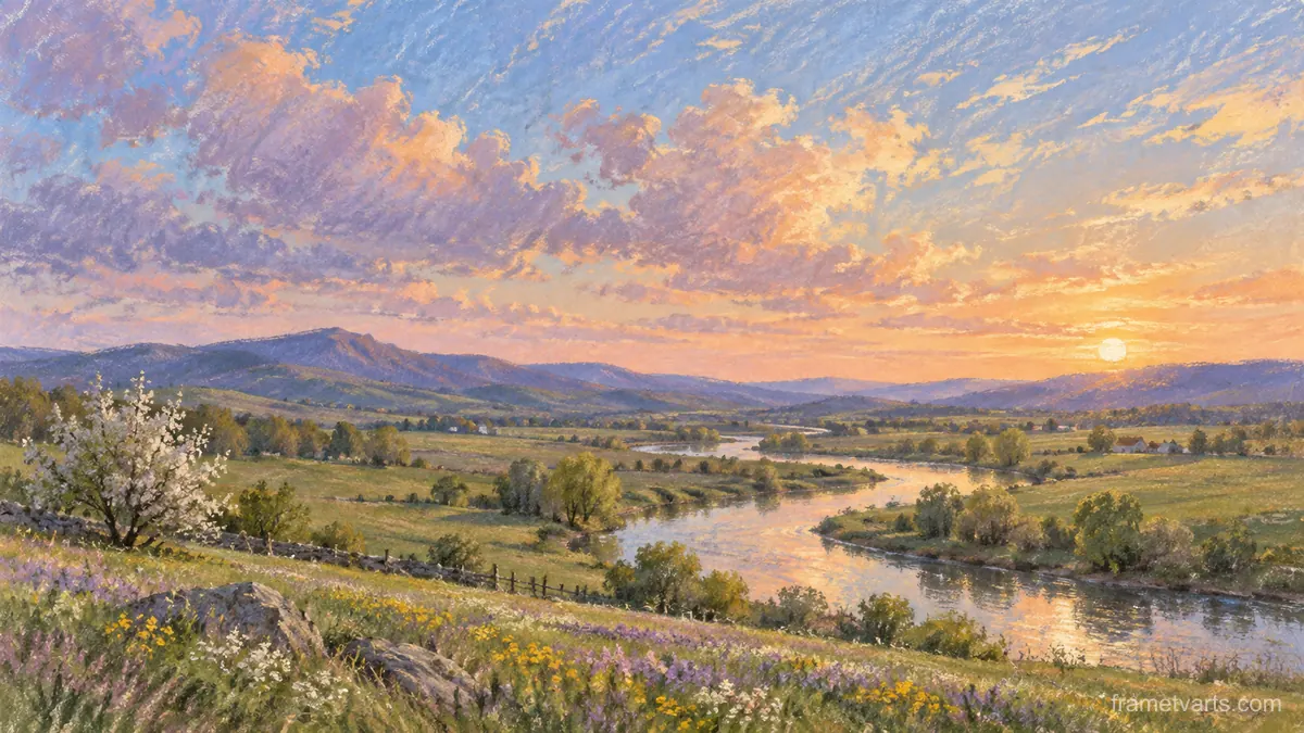 Meandering river through spring pasture – soft pastel drawing Samsung Frame TV art, 4K