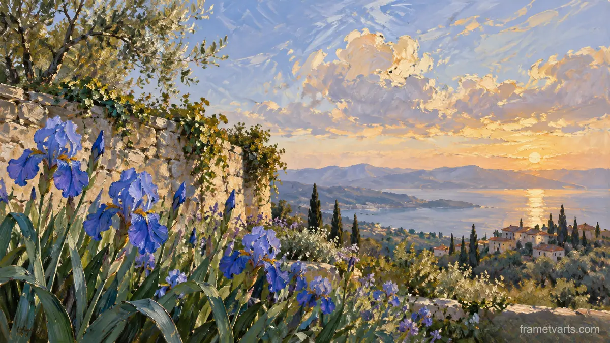 Blue irises beside a stone garden wall – contemporary loose oil painting Samsung Frame TV art, 4K
