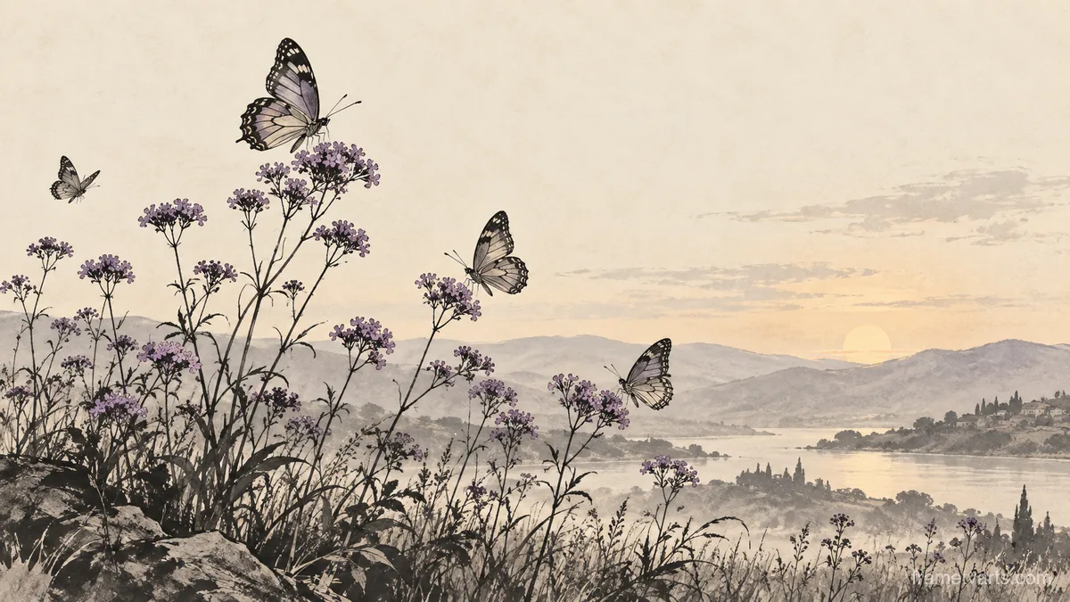 Butterflies around wild verbena – restrained ink illustration Samsung Frame TV art, 4K